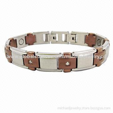 Magnetic Stainless Steel Bracelets with 8pcs of CZ Stones and Interval of Plating IP Coffee